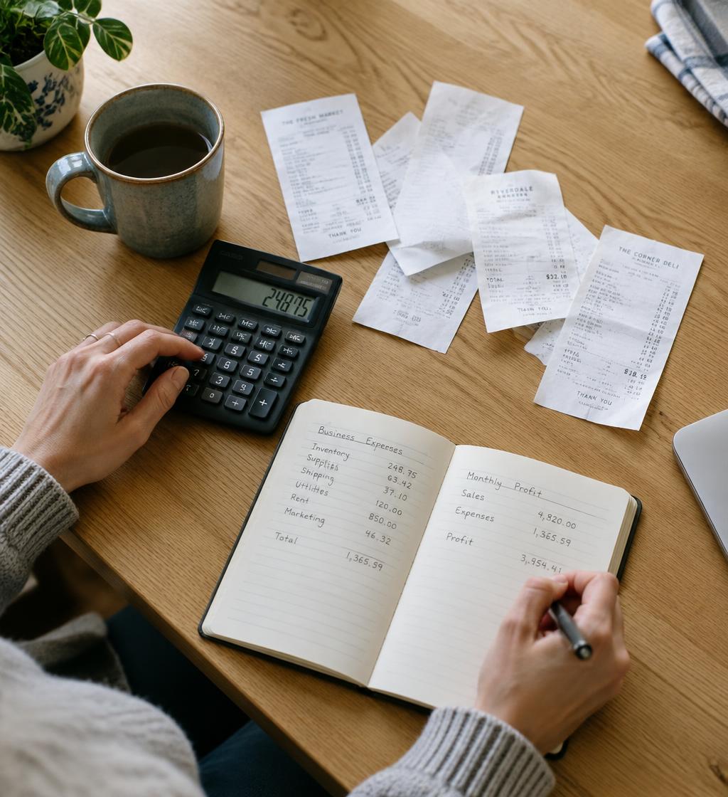 A small business owner's hands working through receipts, a calculator and a ledger notebook at a kitchen table